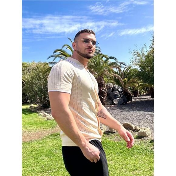 Men's Knit Button Down Shirt Vintage Short Sleeve Polo Shirts Casual - Picture 4 of 7